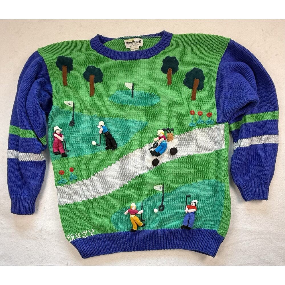 Handmade cotton sweater 3-d golf blue green 42 inch bust Coastal
